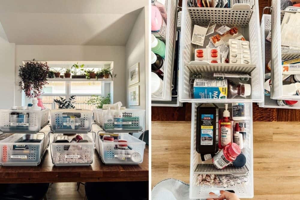 Medicine organized into baskets 