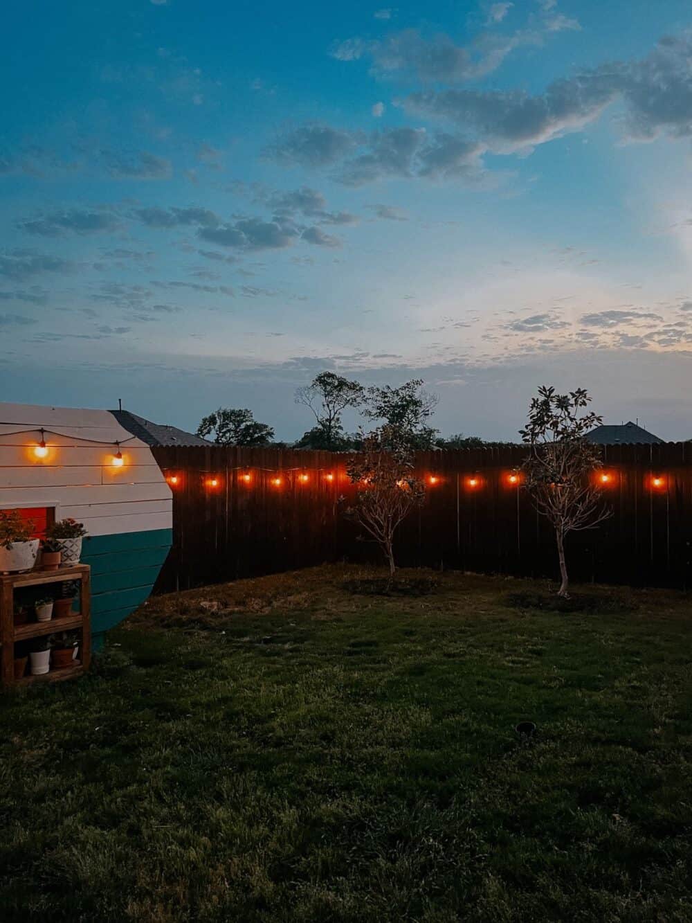 Backyard fence with string lights 