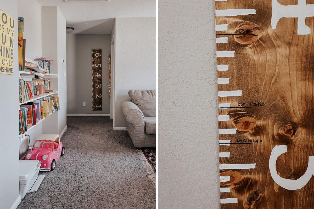 Two images of a DIY wooden growth chart hanging in a playroom