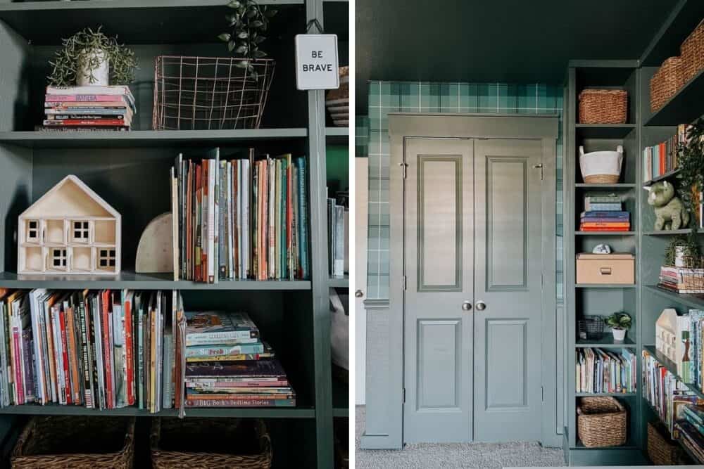 Two close-up images of bookcases in a toddler's room