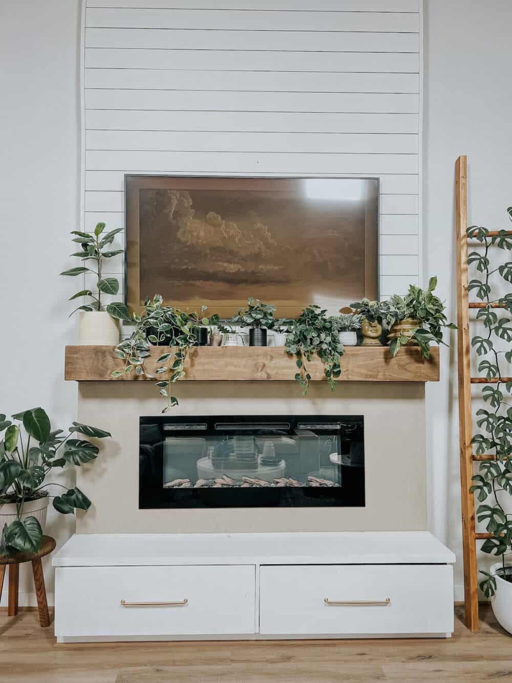 mantel decorated with plants 