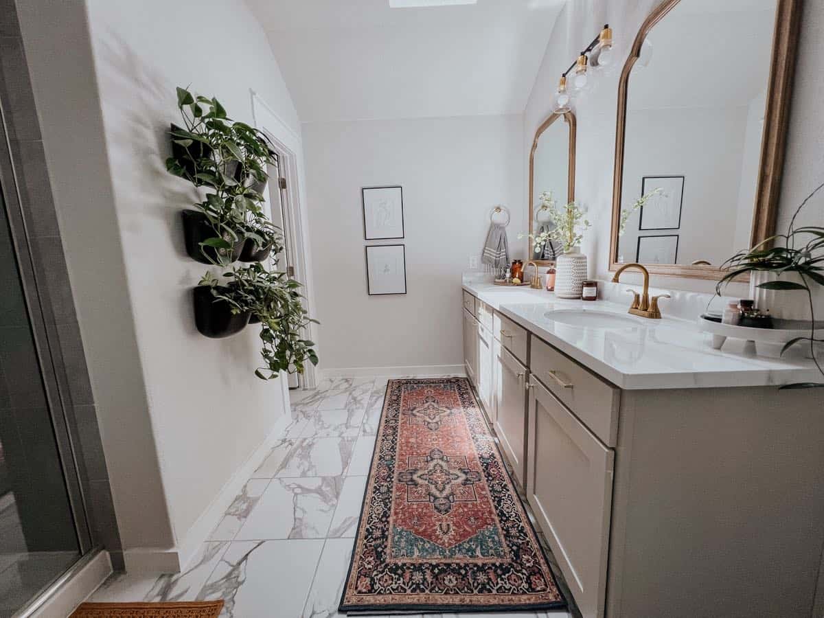 Builder grade bathroom that has been through a budget makeover