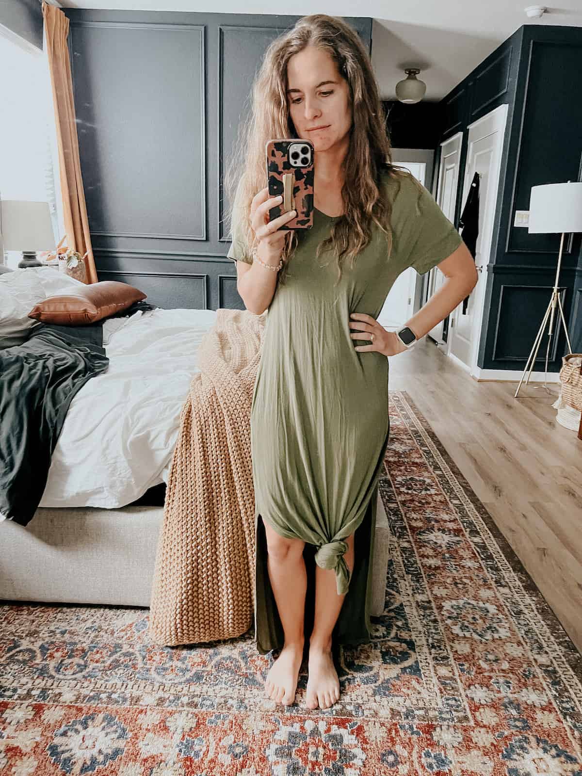 Woman in a green maxi dress