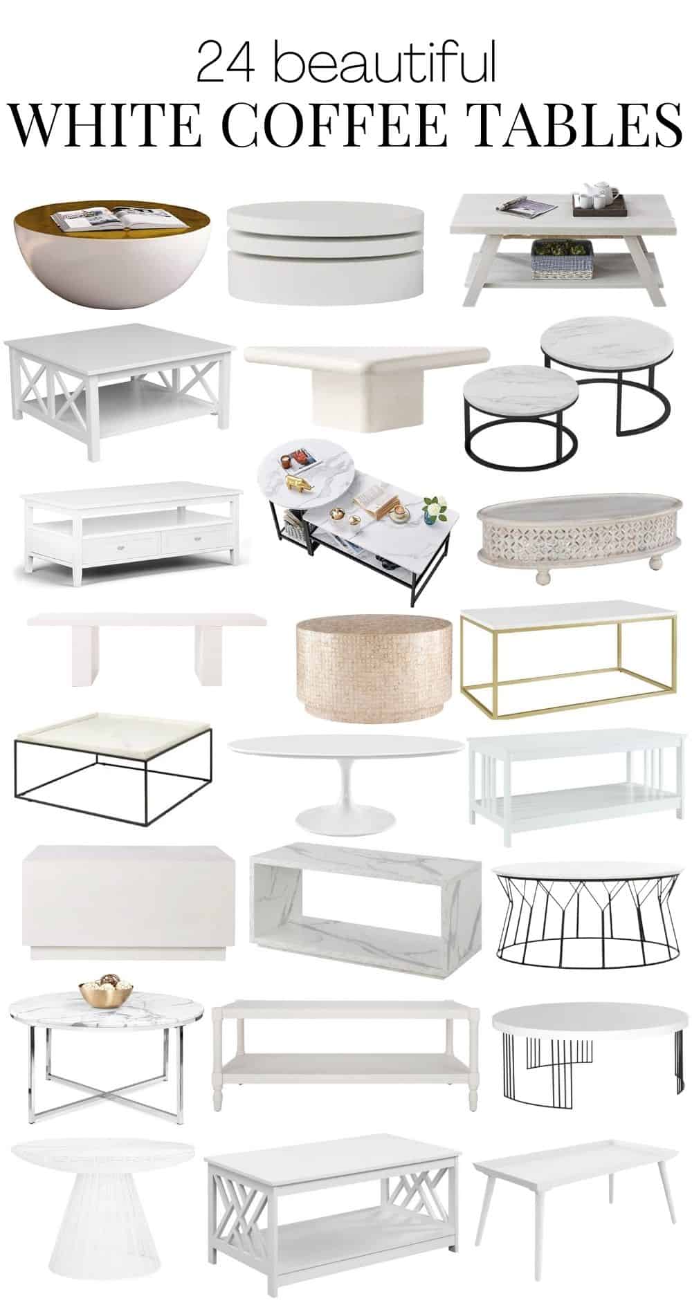 a collage of 24 white coffee tables 