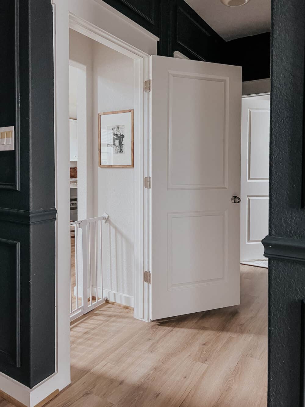 view of modern artwork in a vestibule prior to a dark and moody bedroom 