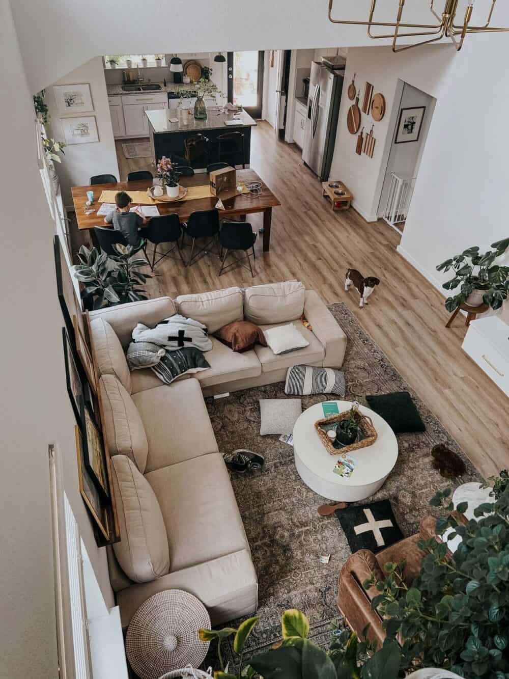 Overhead view of an open-concept living and dining room