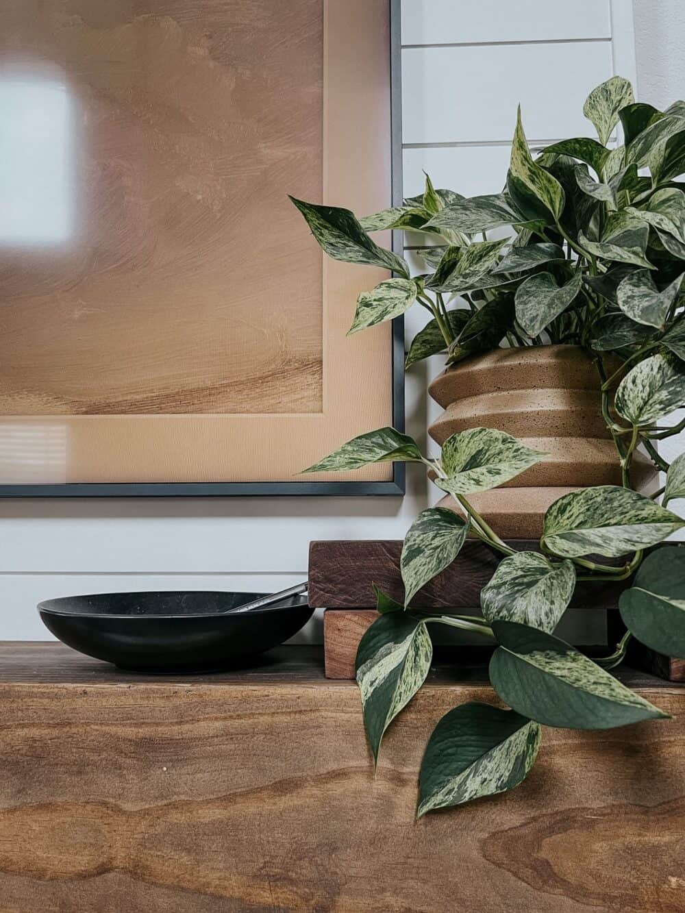 Wood mantel with a pedestal holding a plant 