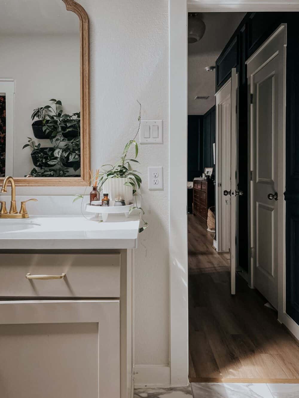 Bathroom vanity with a pedestal holding a plant and other bathroom essentials 