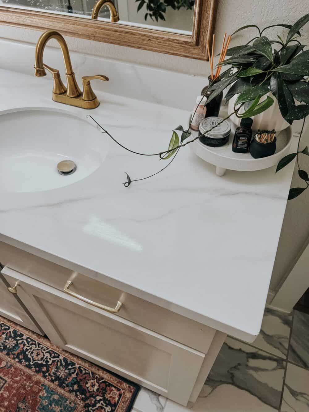 overhead view of a painted faux marble countertop 
