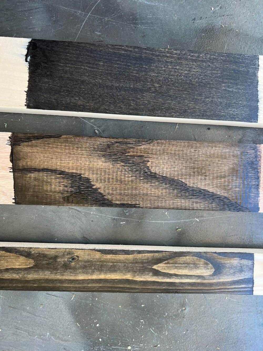 minwax classic black wood stain on three difference species of wood 