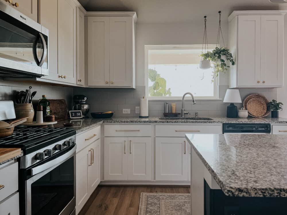 white and gray kitchen with two plants hanging from the ceiling above the kitchen sink. 