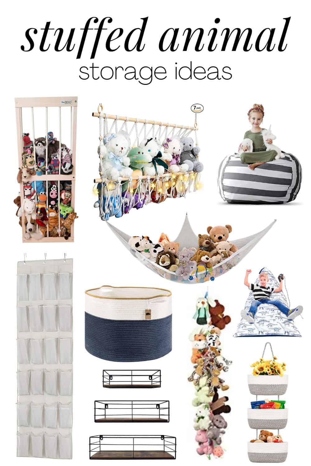 collage of stuffed animal storage ideas 