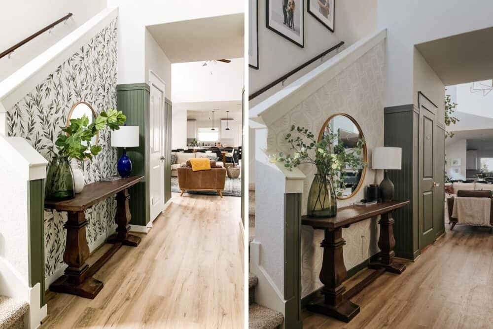 before and after view of an entry with dark green walls and floral wallpaper 