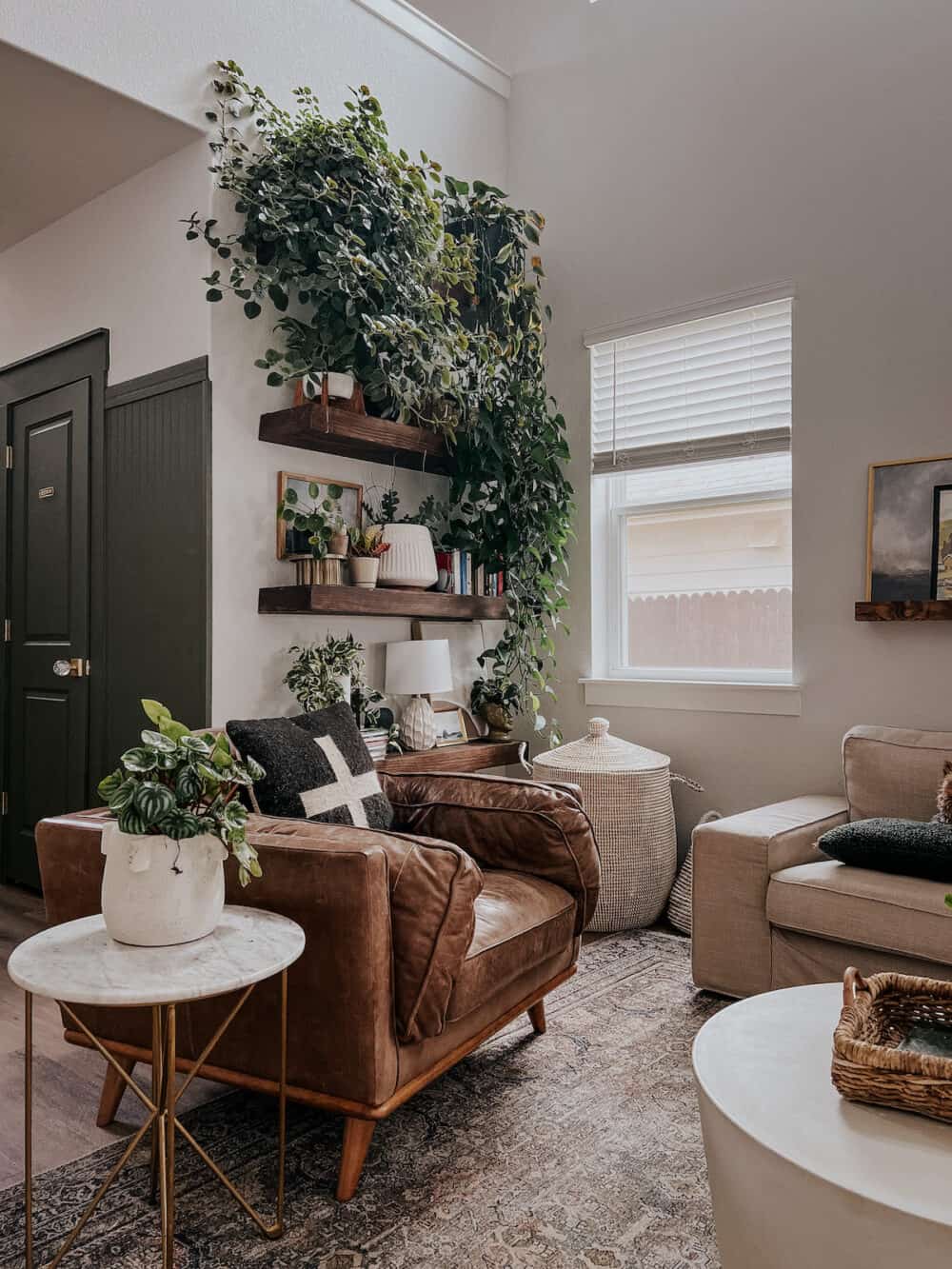 Living room with with floating shelves full of plants 