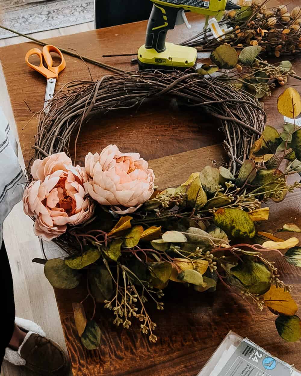 in-progress fall wreath with peony flowers 