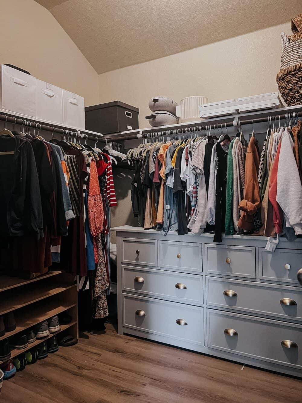 closet with a gray IKEA dresser in it 