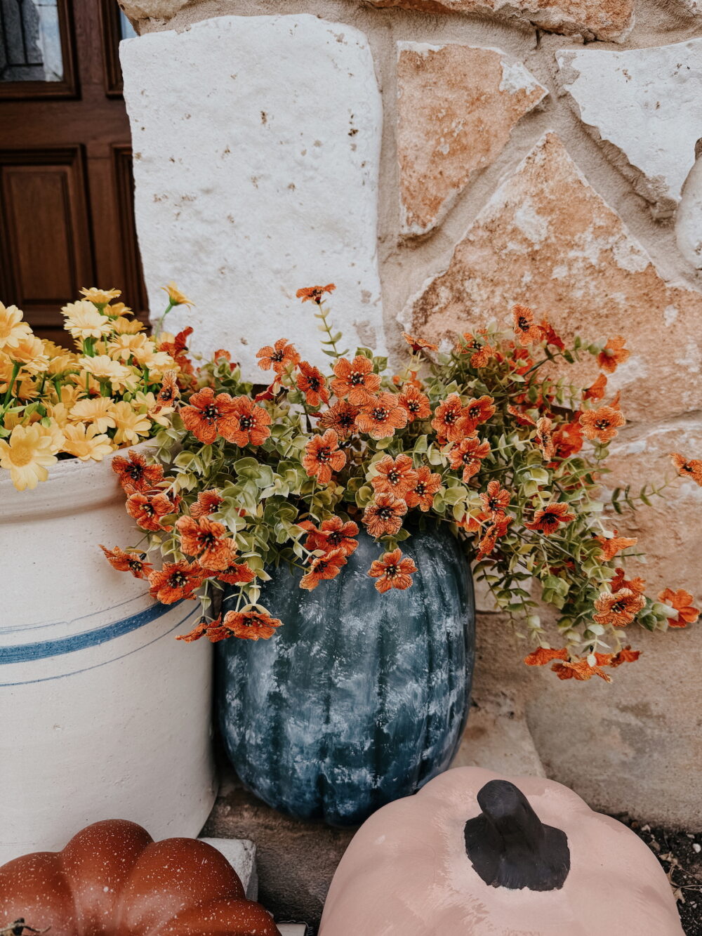 close up of faux mums for fall