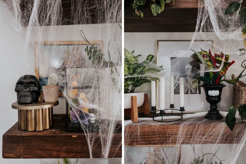 Detailed look at Halloween decorated shelves