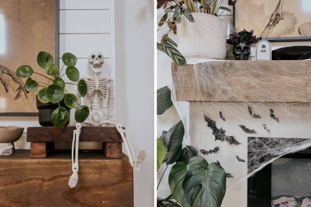 close up of halloween decor on fireplace