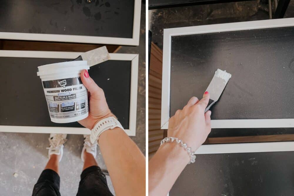 close up of woman filling holes in a dresser using wood filler 