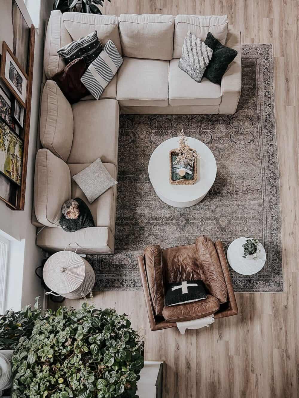 Overhead view of a cozy and neutral living room