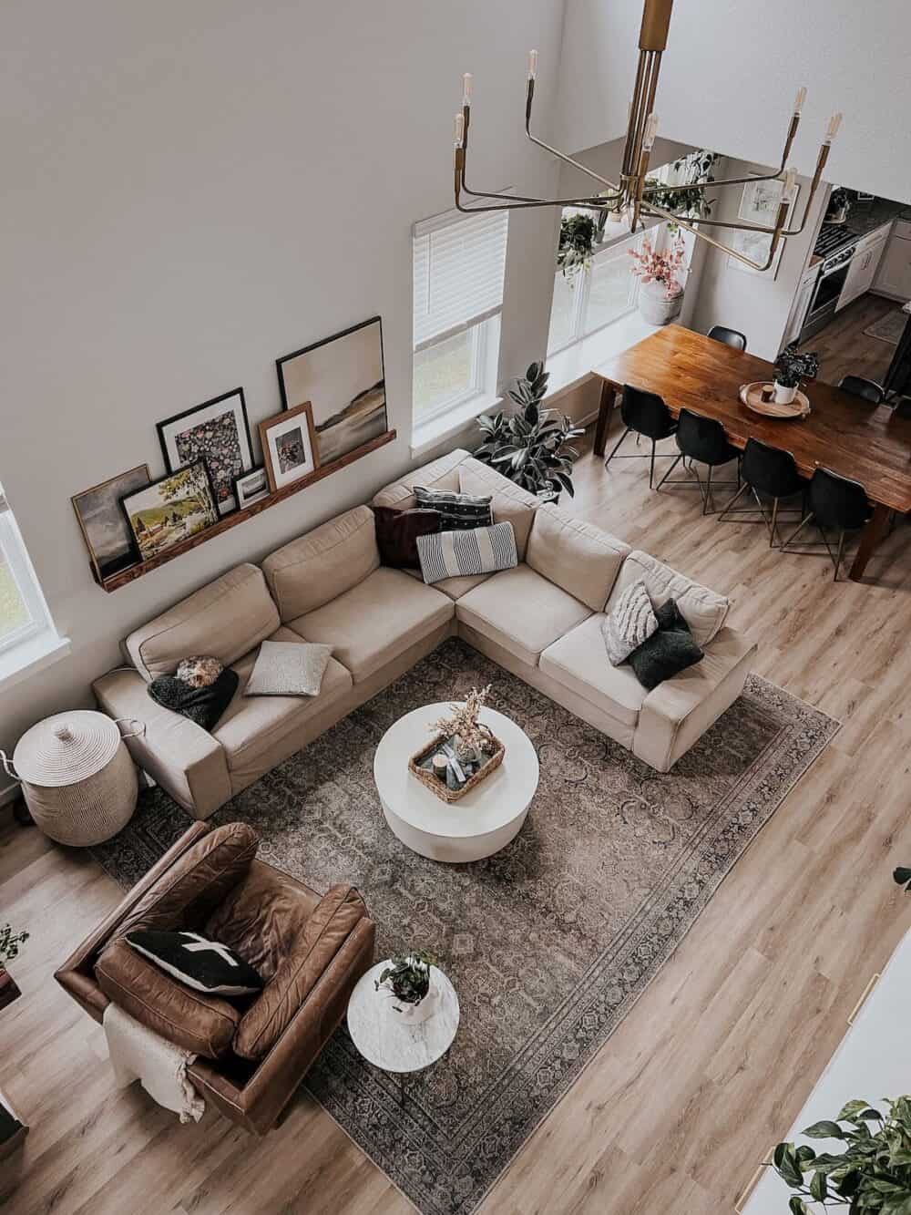overhead view of a cozy and neutral living room 