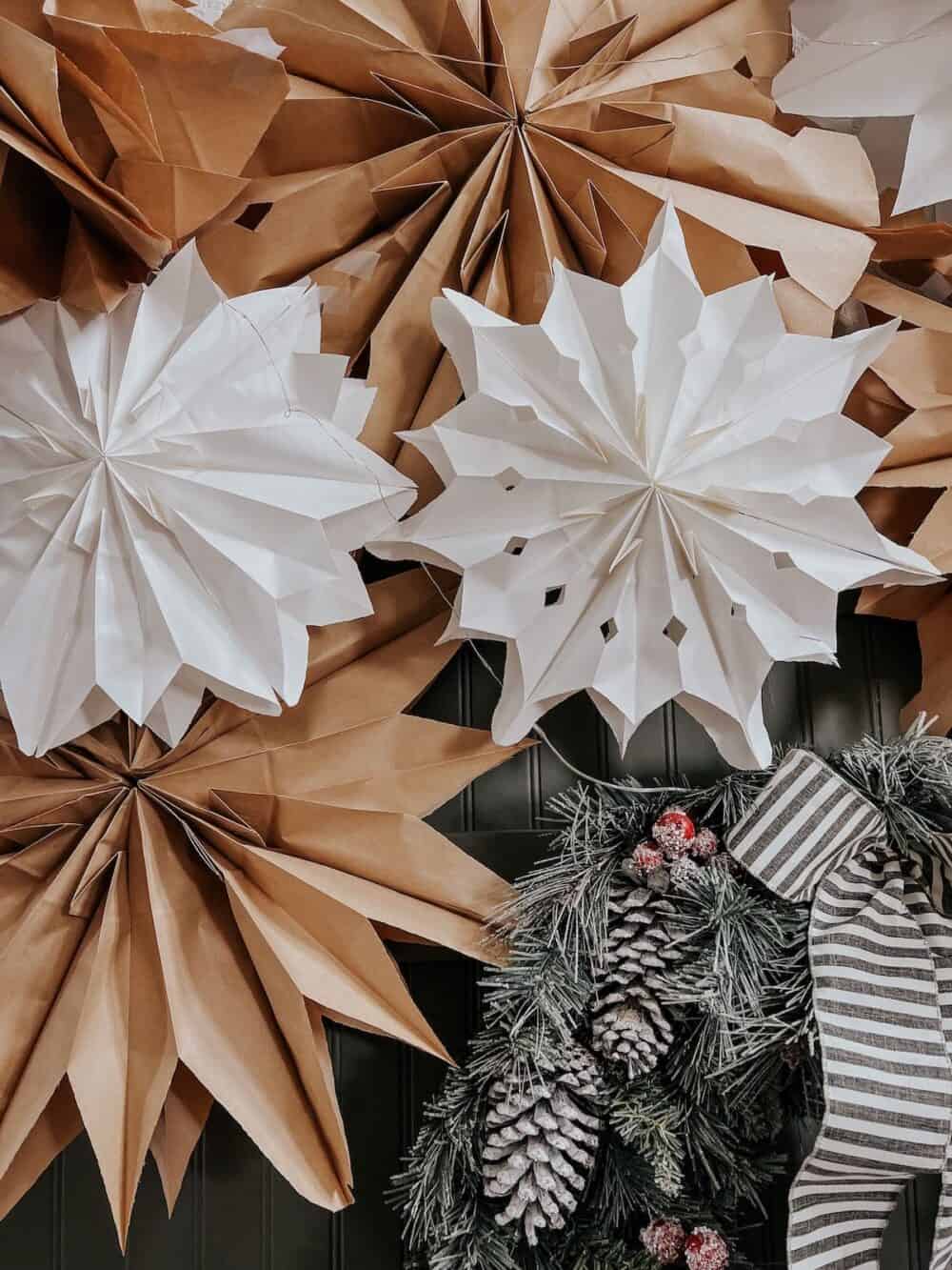 close up of DIY paper bag snowflakes 