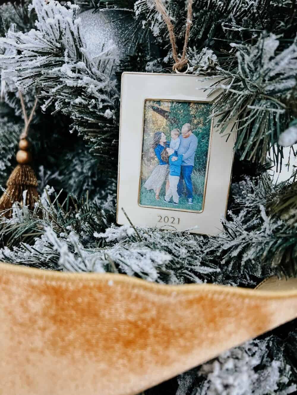 close up of a family photo ornament