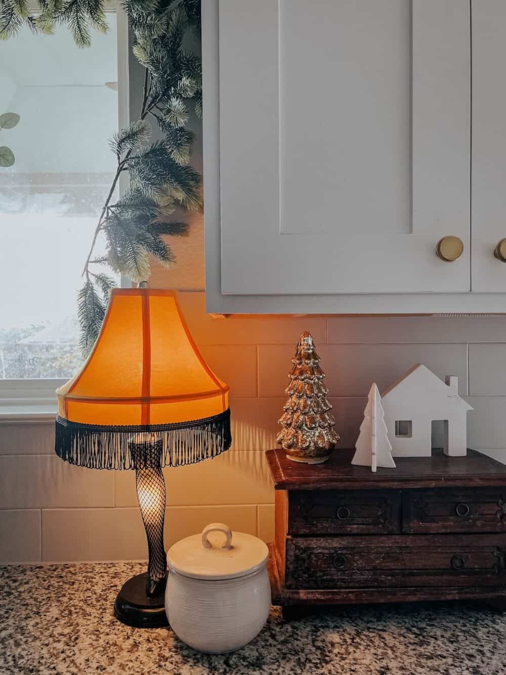 leg lamp from A Christmas Story sitting on a kitchen counter 