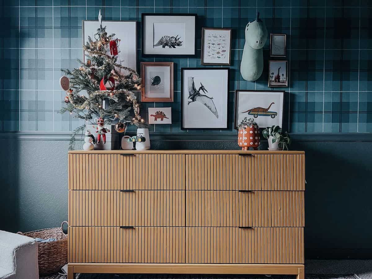 kids' room with a tabletop Christmas tree