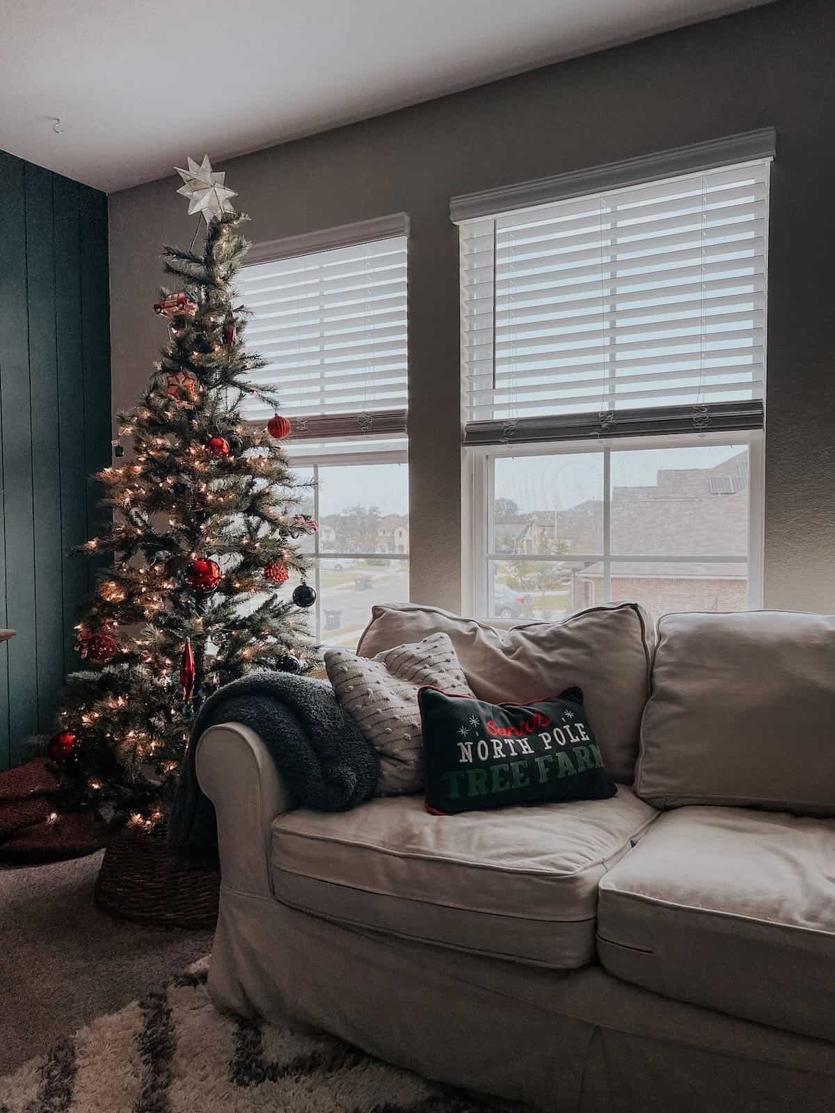 Family room decorated for Christmas