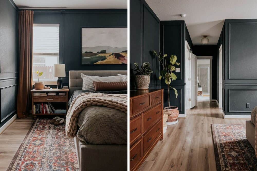 Two detail images of a bedroom with dark blue walls 