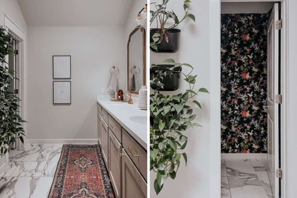 Two images of a neutral master bathroom 