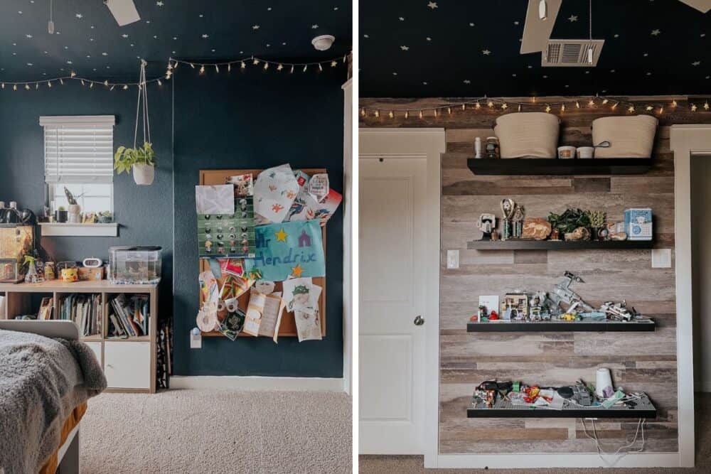 two detail images of a space themed boys' bedroom 