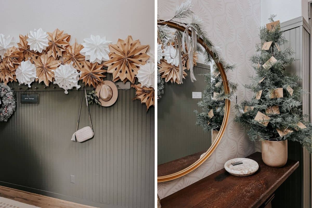 Collage of two detail images of a home decorated for Christmas