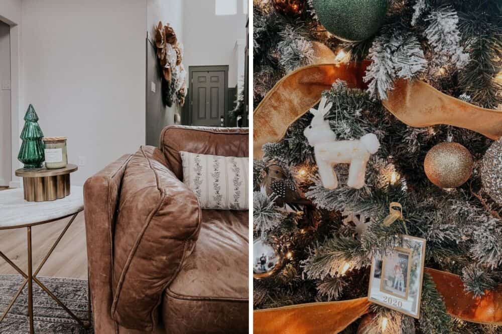 Two detail images of a home decorated for Christmas