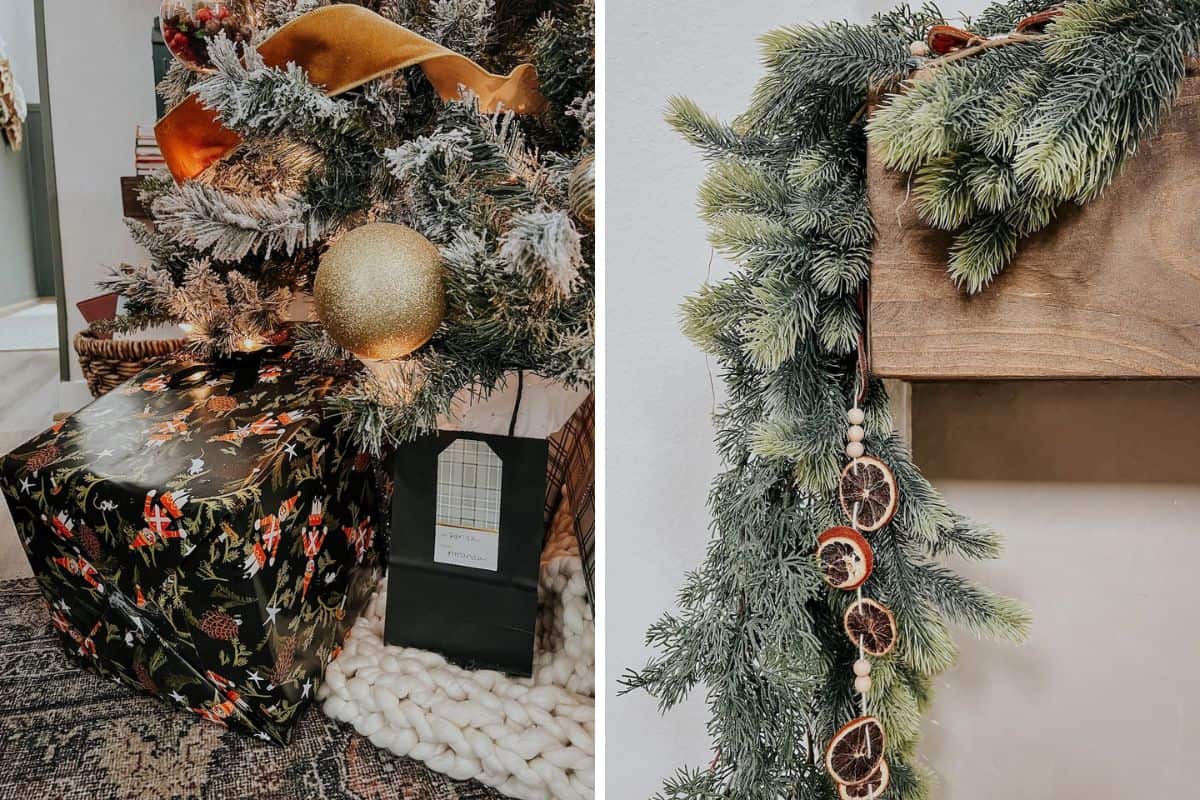 Two close up images of Christmas decorations