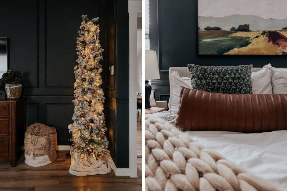 two images of a bedroom decorated for Christmas- one of a Christmas tree in a bedroom and one of a bed decorated for Christmas 