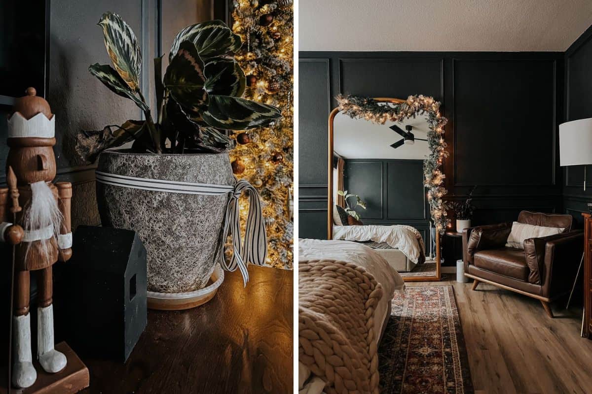 two detail images of a bedroom decorated for Christmas