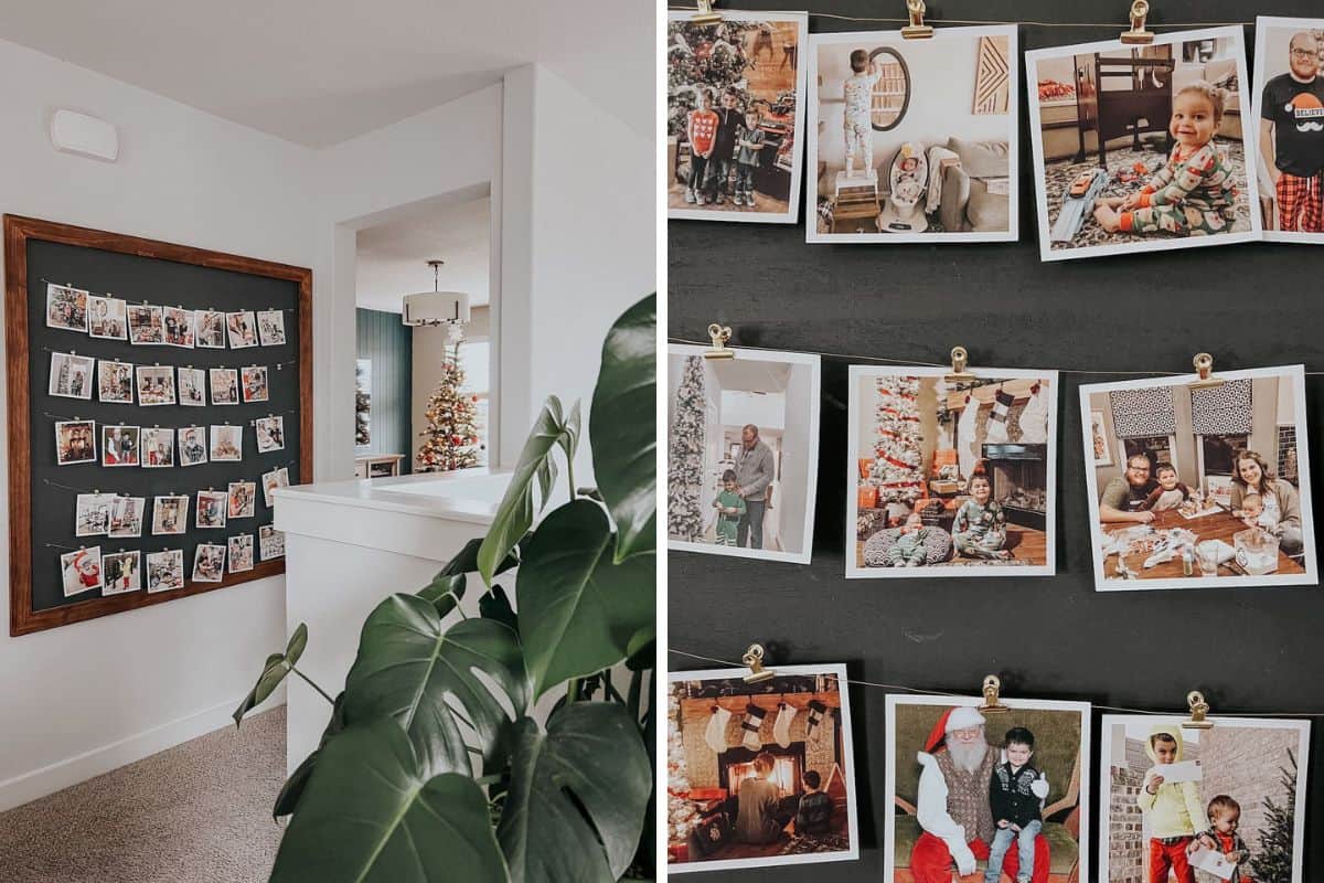 two images of a family photo display with Christmas photos on it