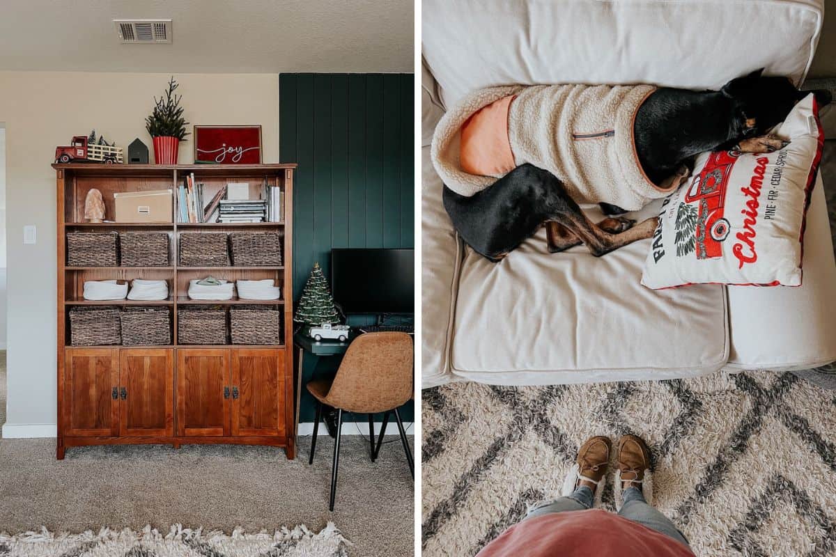 Two close up images of details of a home decorated for CHristmas 