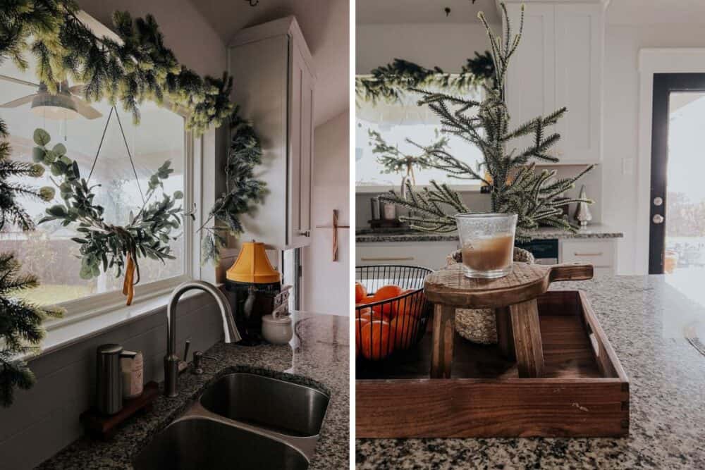 Two detail images of a kitchen decorated for the Christmas season