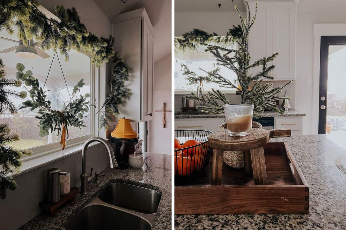 Two detail images of a kitchen decorated for the Christmas season