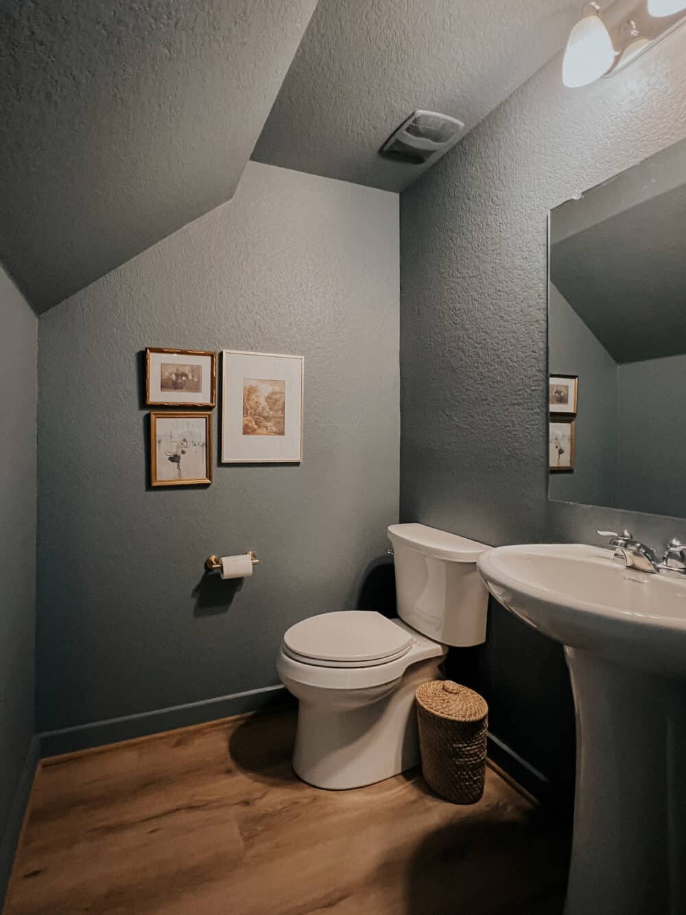 powder room with gray-blue walls 