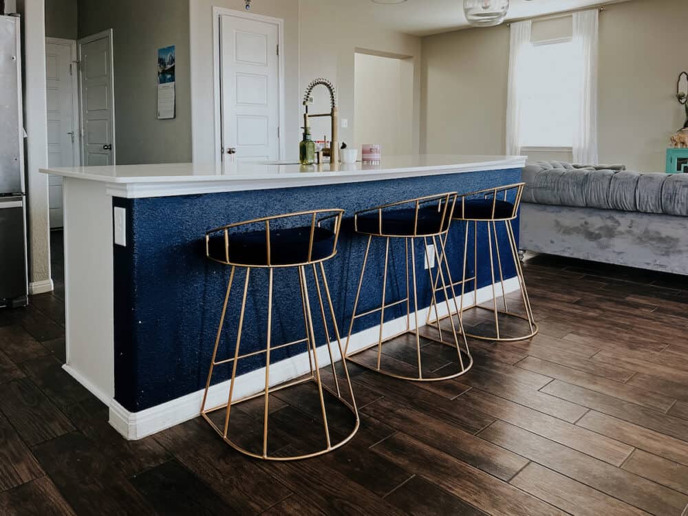 blue kitchen island before installing trim 