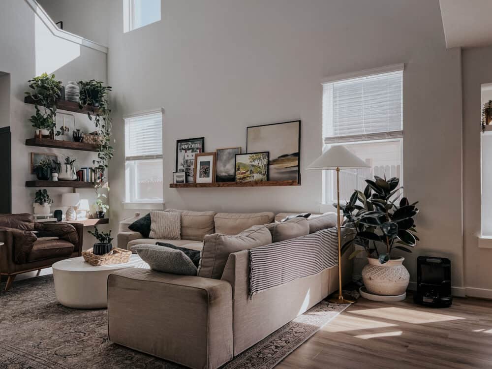 cozy living room with a brass floor lamp