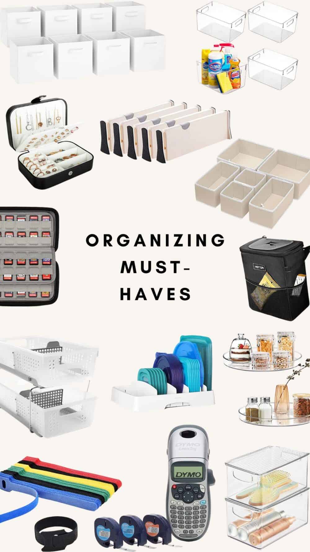 Collage of organizing tools that are really useful to have 