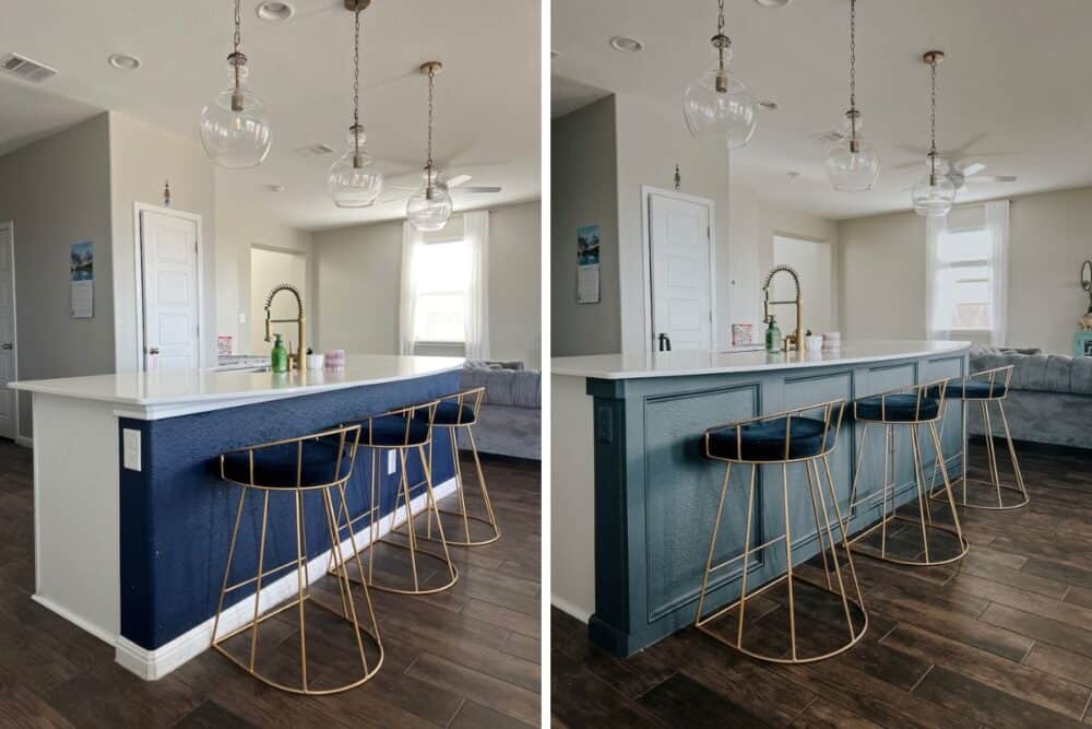 before and after of blue kitchen island 