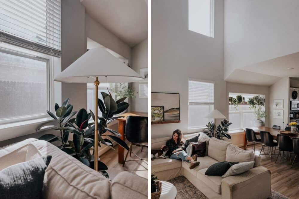 collage of two images of a living room with a brass floor lamp