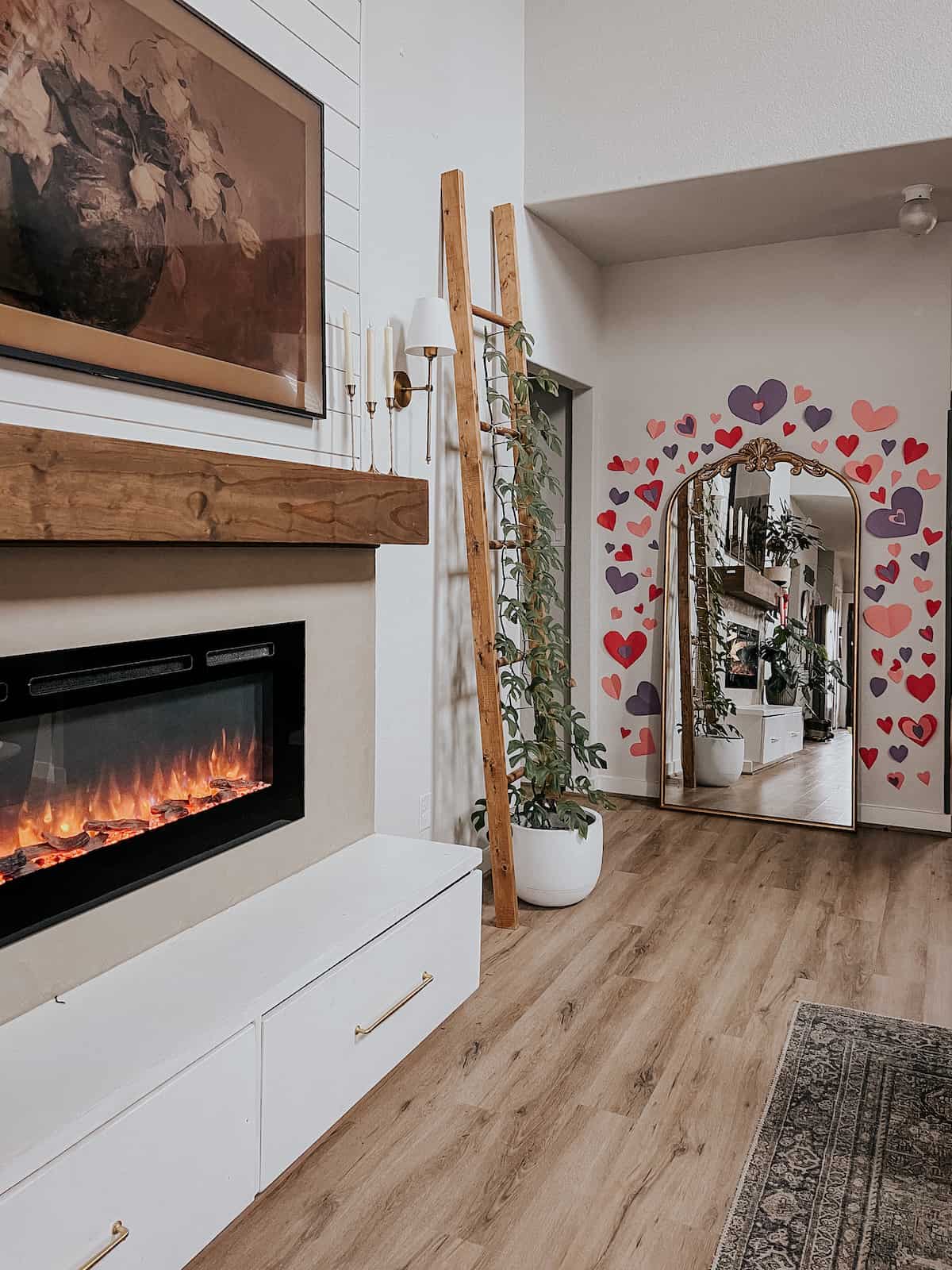 living room decorated for Valentine's Day